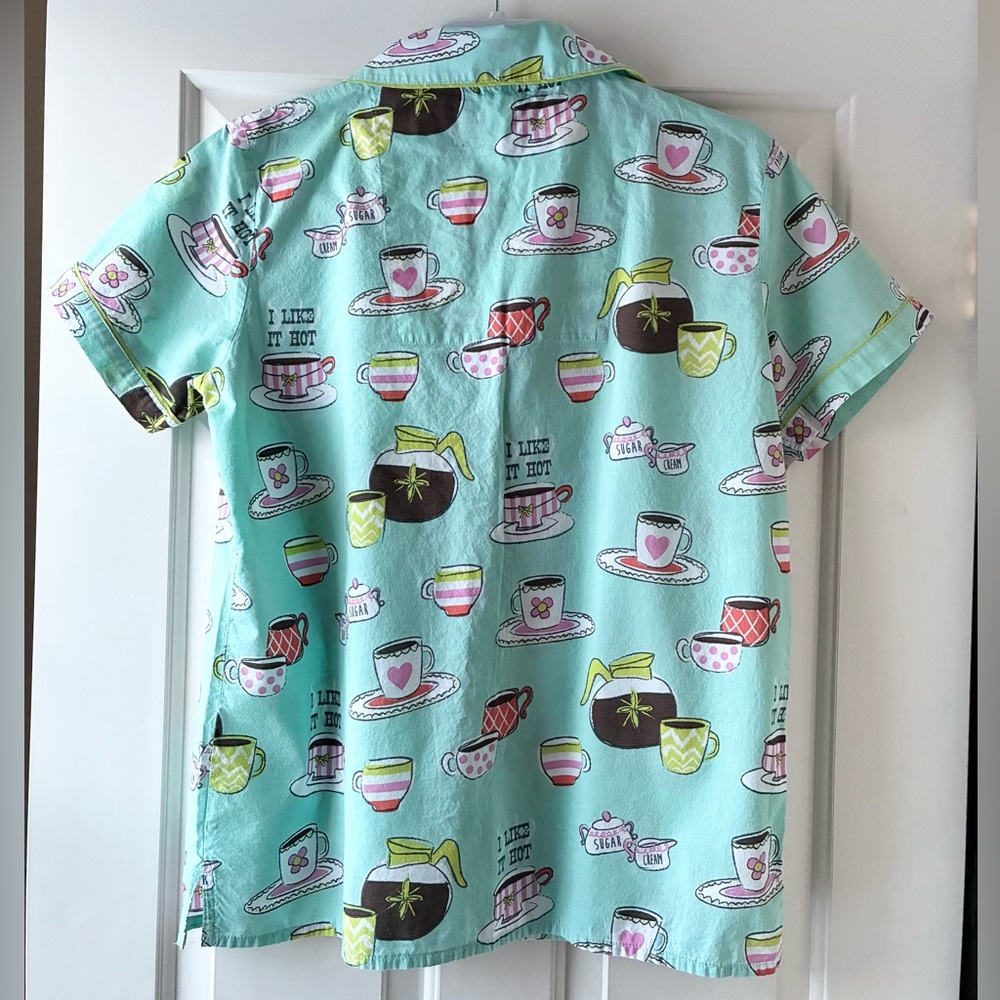 P.J. Salvage Cotton Pajama Set Short Sleeve Morning Breakfast Coffee Teal Size L - Picture 3 of 15